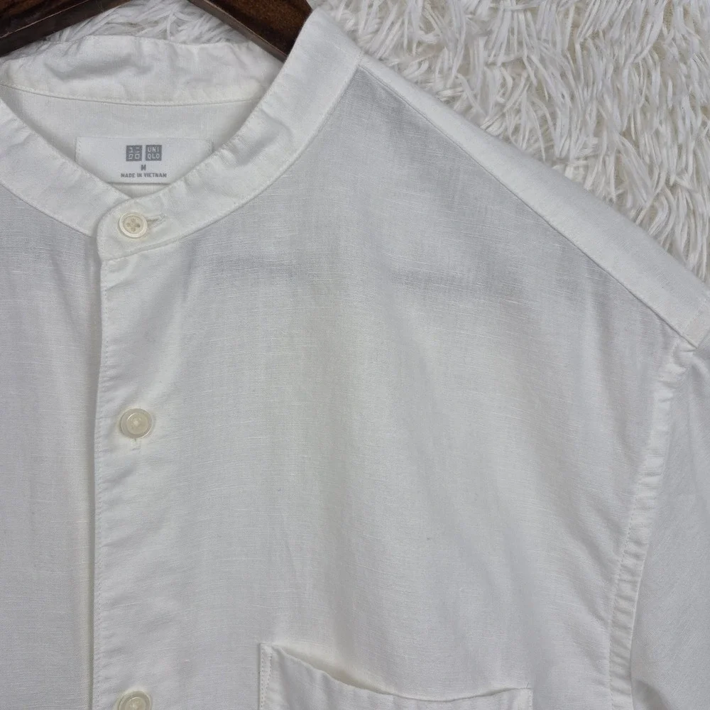 Uniqlo Mens White Cotton Linen Band Collar Short Sleeve Shirt Size M